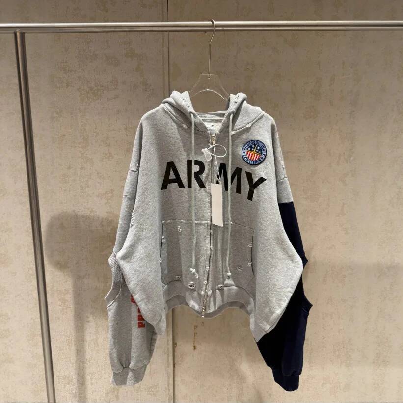 2026 Patchwork ARMY Vintage Damaged Cardigan Pullover Men Designer Fashion Women Best Quality Hoodie - view 3