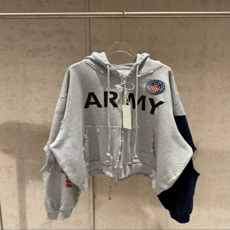 2026 Patchwork ARMY Vintage Damaged Cardigan Pullover Men Designer Fashion Women Best Quality Hoodie - view 6