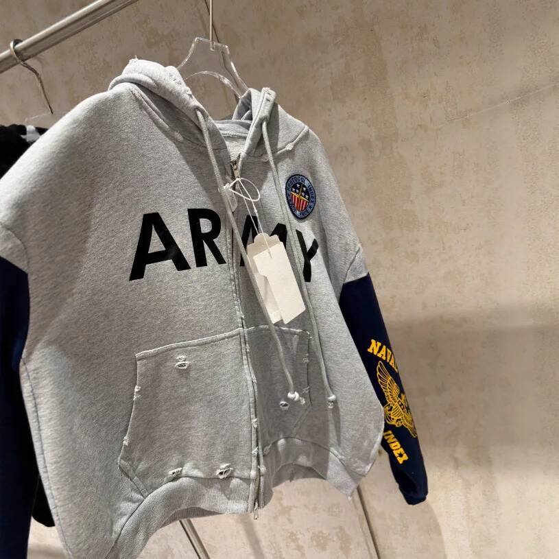 2026 Patchwork ARMY Vintage Damaged Cardigan Pullover Men Designer Fashion Women Best Quality Hoodie - view 5