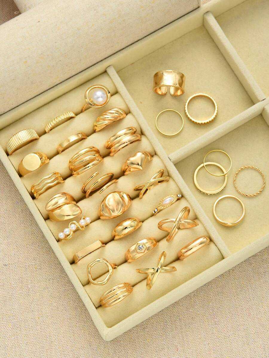 Random Style 29146pcs Simple Fashion Wide Band Old Money Style Faux Pearl Butterfly Heart Flower MultiElement Stacked Ring Set For Women Couples Vacat - view 7