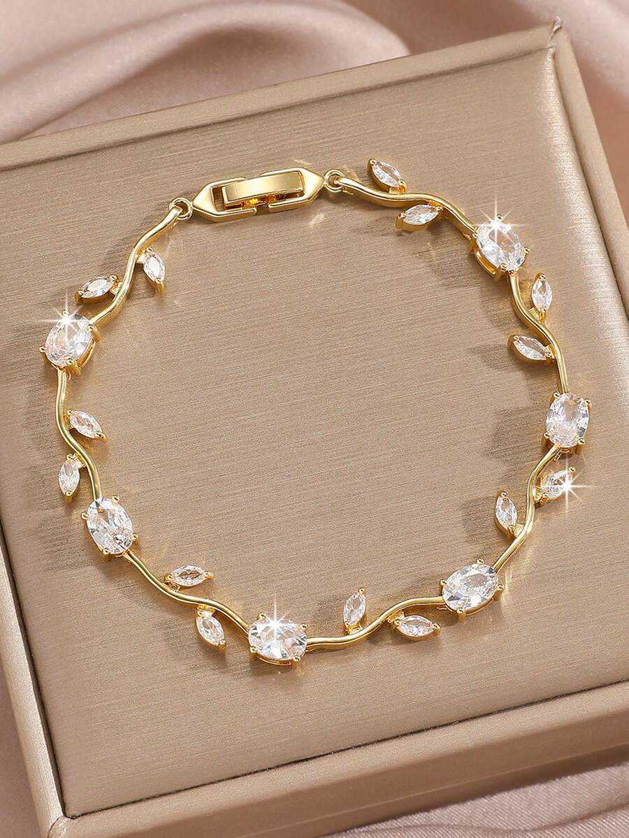 1pc Elegant Copper Fashion Floral Chain Bracelet And Earrings Jewelry Set Luxury Birthstone Cubic Zirconia Decorated Suitable For Womens Daily Hol H26