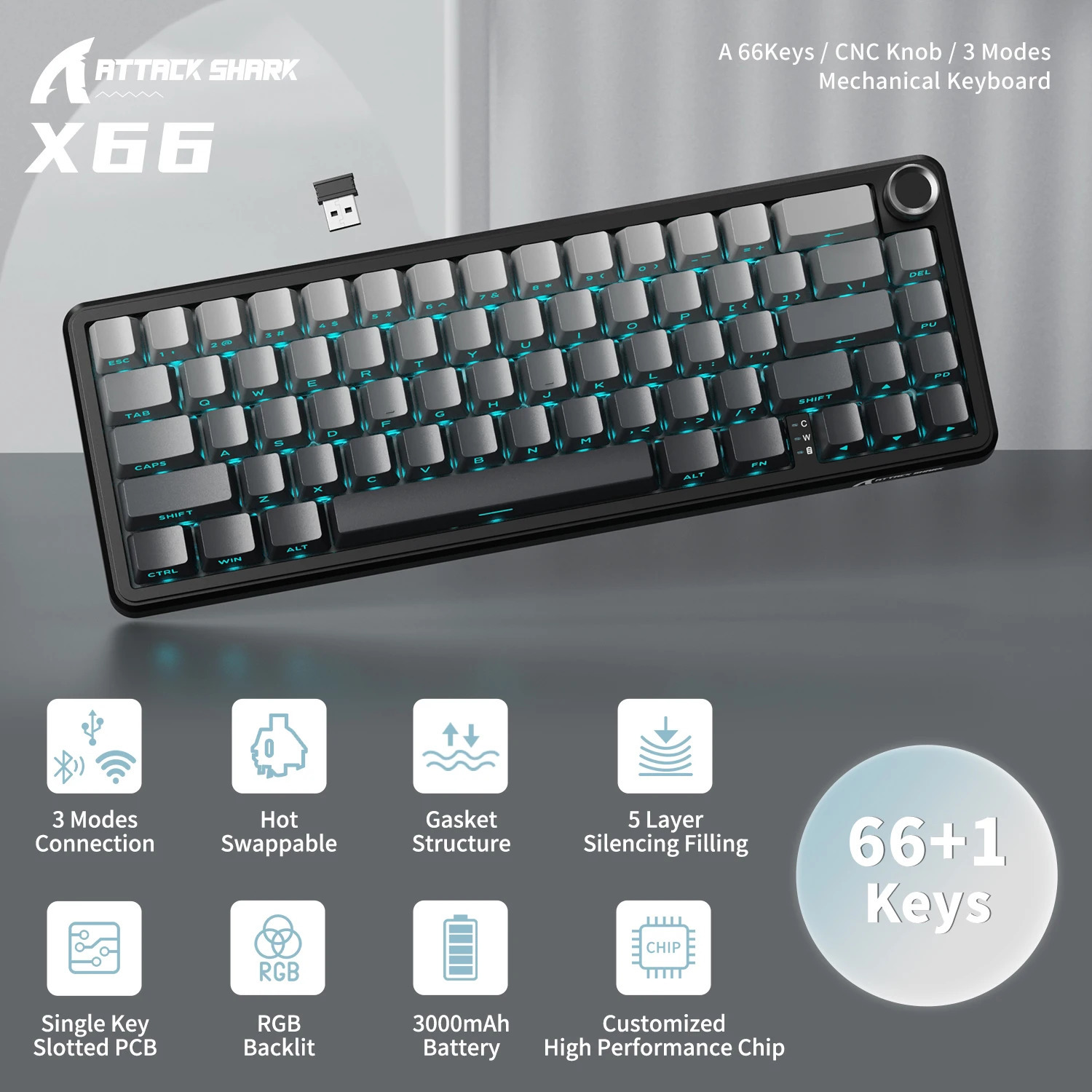 ATTACK SHARK X66 65 Wireless Mechanical Keyboard with Knob 66 Keys Tri Mode Gasket Swap RGB Gaming 60 Percent PBT 260807