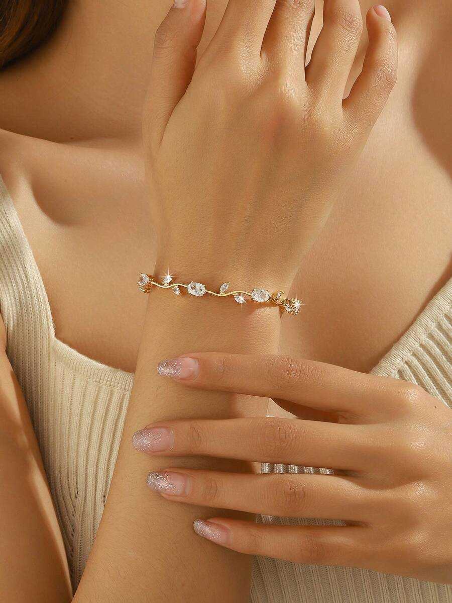 1pc Elegant Copper Fashion Floral Chain Bracelet And Earrings Jewelry Set Luxury Birthstone Cubic Zirconia Decorated Suitable For Womens Daily Hol H26 - view 3