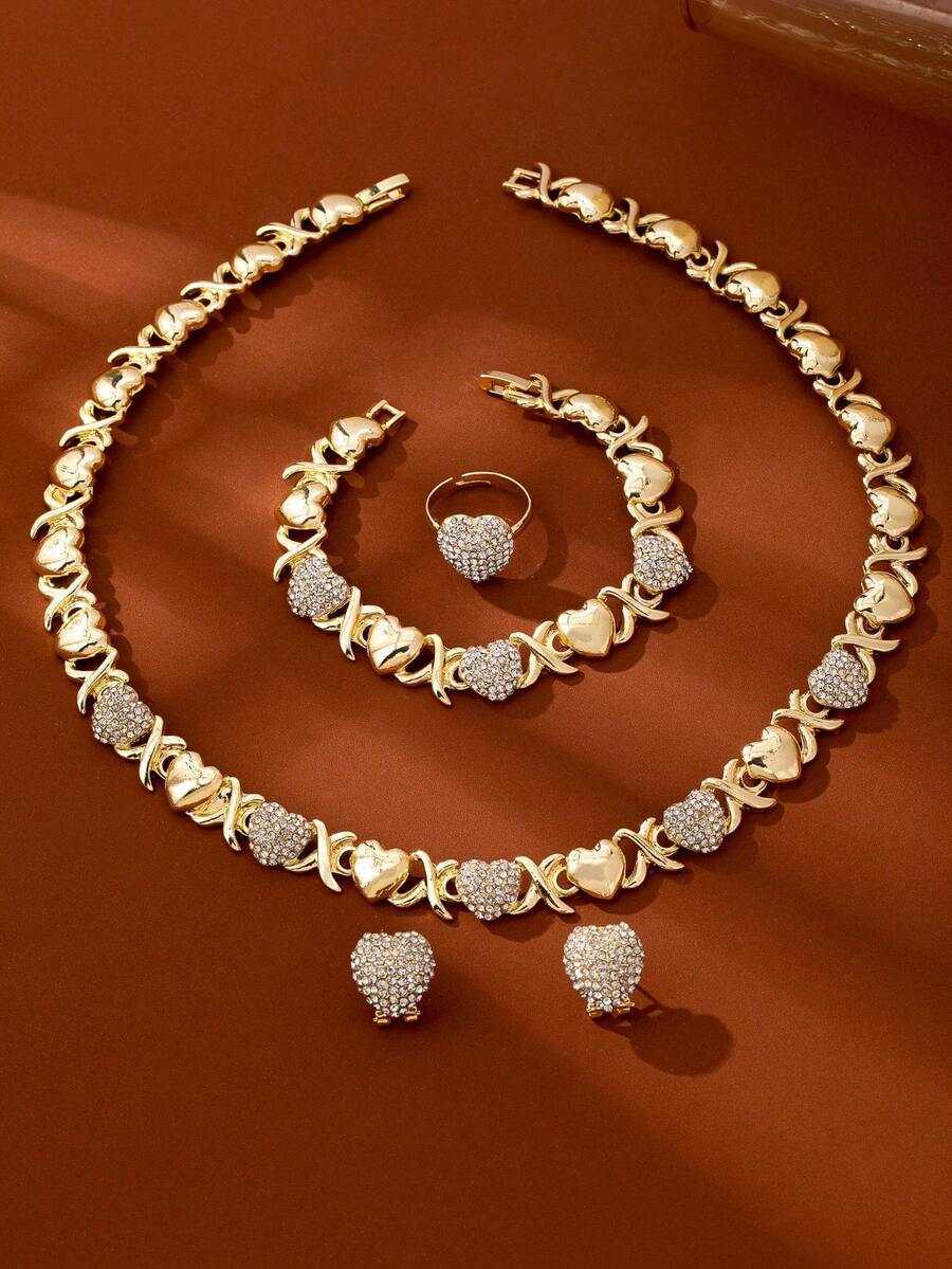 4pcs Womens Fashion HeartShaped Rhinestone GoldPlated Pendant Necklace Earrings Bracelet Ring Jewelry Set Suitable For Middle East Dubai Africa Europ  - view 5