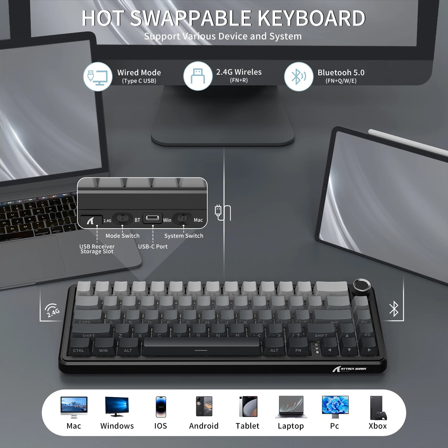 ATTACK SHARK X66 65 Wireless Mechanical Keyboard with Knob 66 Keys Tri Mode Gasket Swap RGB Gaming 60 Percent PBT 260807 - view 6