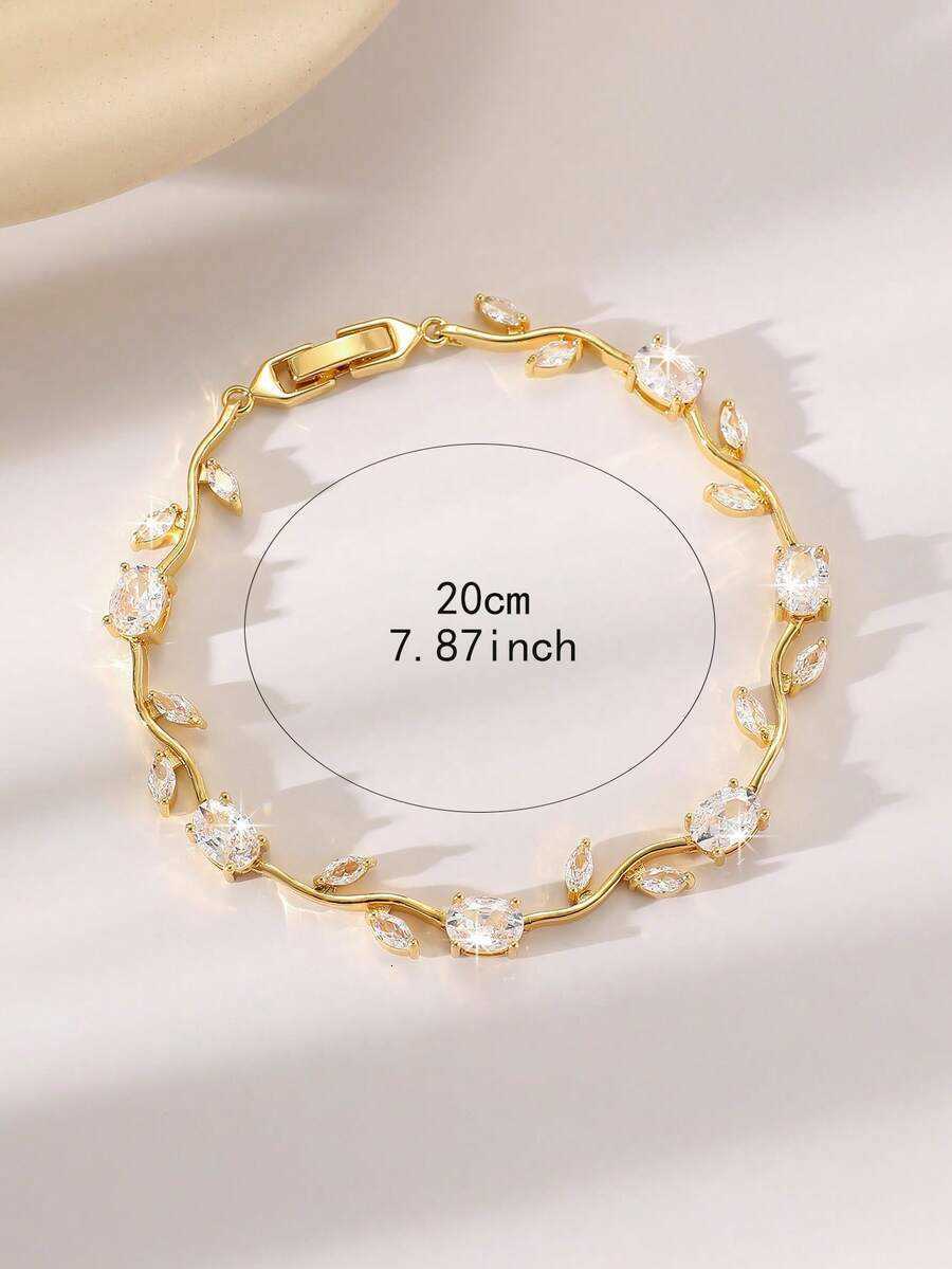 1pc Elegant Copper Fashion Floral Chain Bracelet And Earrings Jewelry Set Luxury Birthstone Cubic Zirconia Decorated Suitable For Womens Daily Hol H26 - view 5