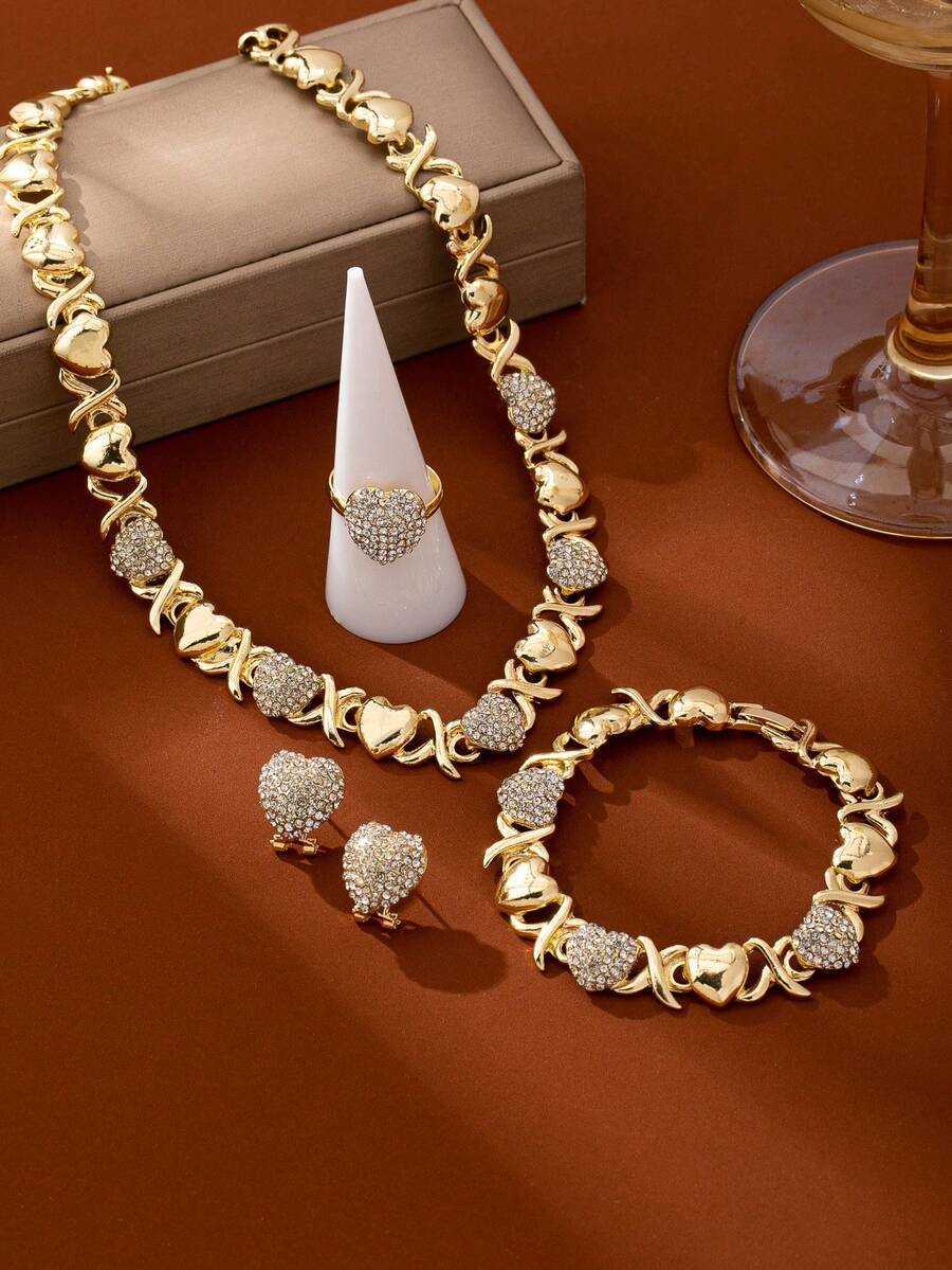 4pcs Womens Fashion HeartShaped Rhinestone GoldPlated Pendant Necklace Earrings Bracelet Ring Jewelry Set Suitable For Middle East Dubai Africa Europ  - view 6