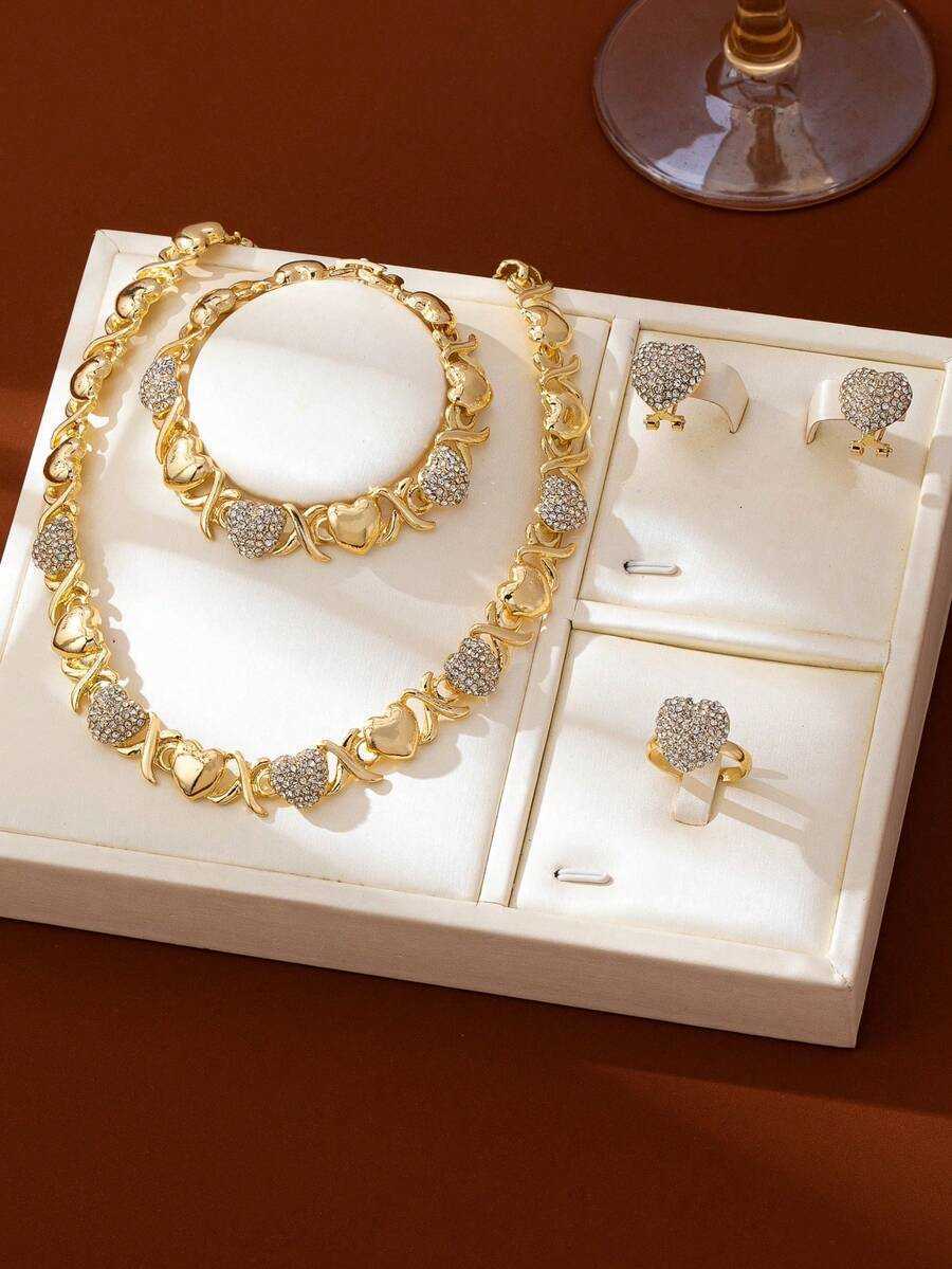 4pcs Womens Fashion HeartShaped Rhinestone GoldPlated Pendant Necklace Earrings Bracelet Ring Jewelry Set Suitable For Middle East Dubai Africa Europ  - view 4