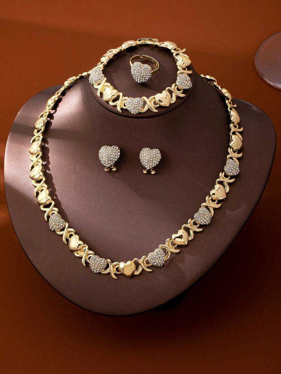 4pcs Womens Fashion HeartShaped Rhinestone GoldPlated Pendant Necklace Earrings Bracelet Ring Jewelry Set Suitable For Middle East Dubai Africa Europ  - view 3