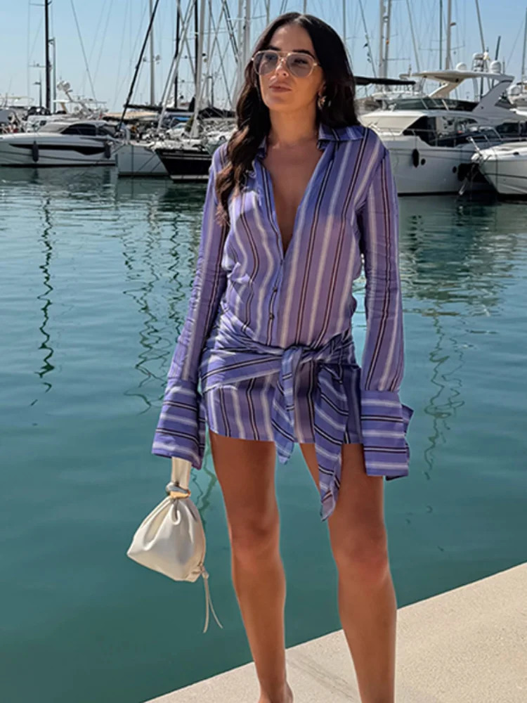 Stripe Wrap Tie Shirt Mini Dress Lapel Collar Long Flare Sleeve Loose Casual Dresses 2026 Summer Beach Vacation Fashion Outfit 260807