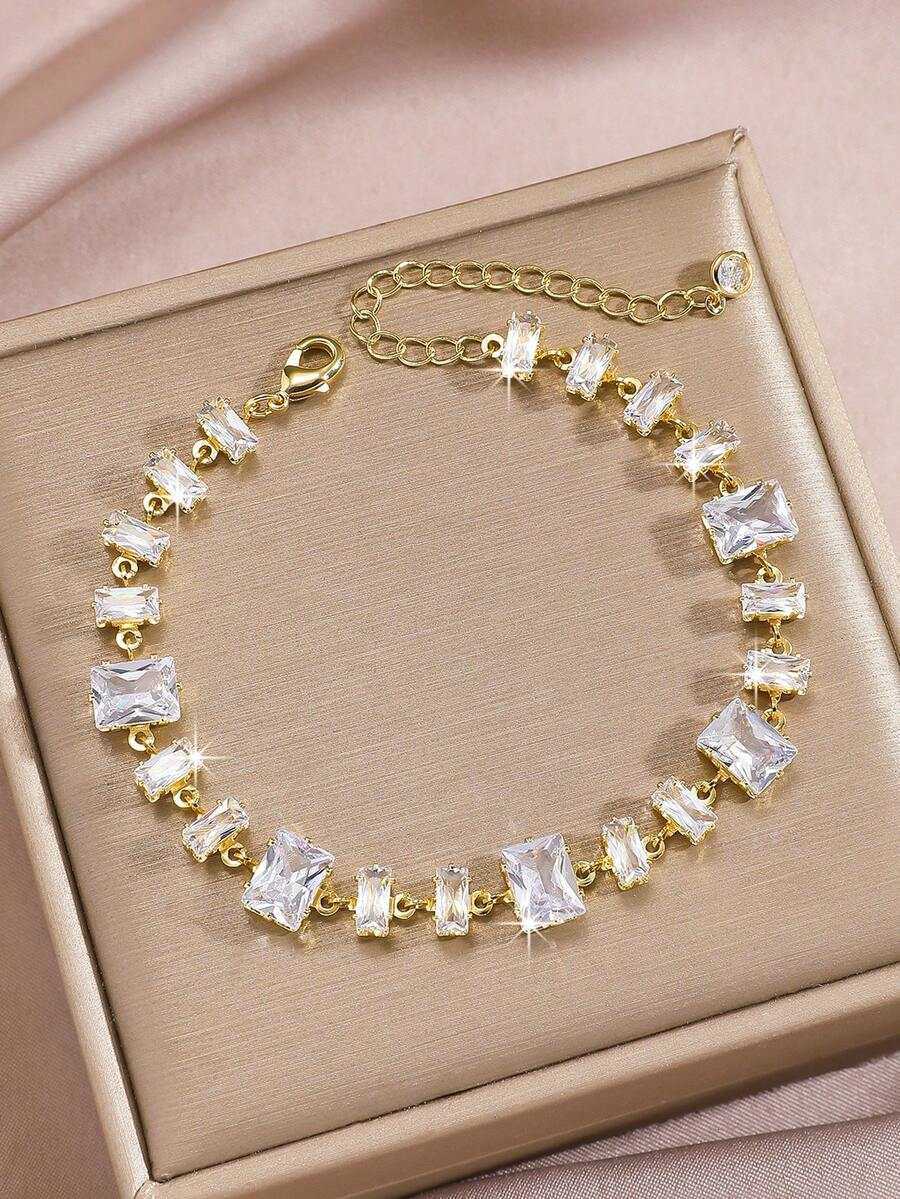 1pc Elegant Copper Fashion Floral Chain Bracelet And Earrings Jewelry Set Luxury Birthstone Cubic Zirconia Decorated Suitable For Womens Daily Hol H26 - view 6