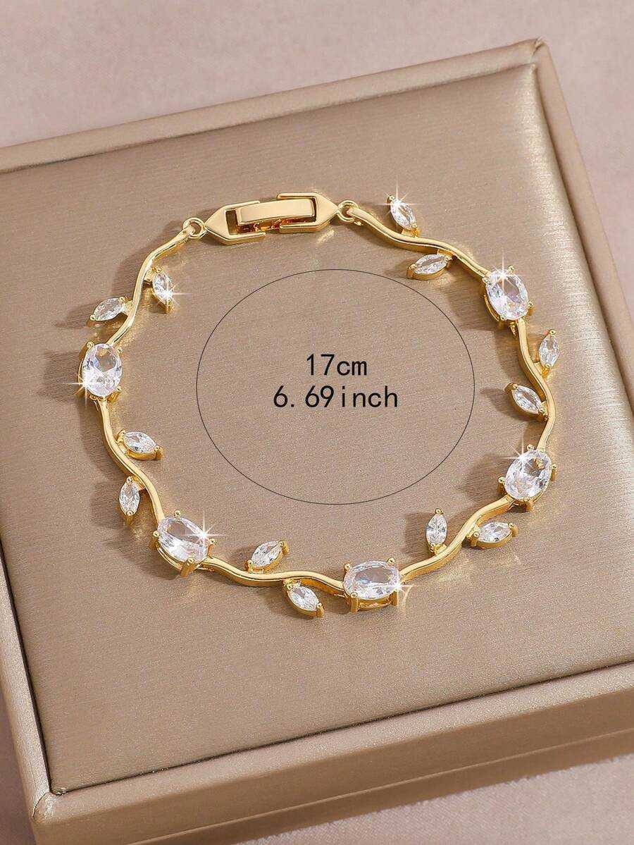 1pc Elegant Copper Fashion Floral Chain Bracelet And Earrings Jewelry Set Luxury Birthstone Cubic Zirconia Decorated Suitable For Womens Daily Hol H26 - view 9