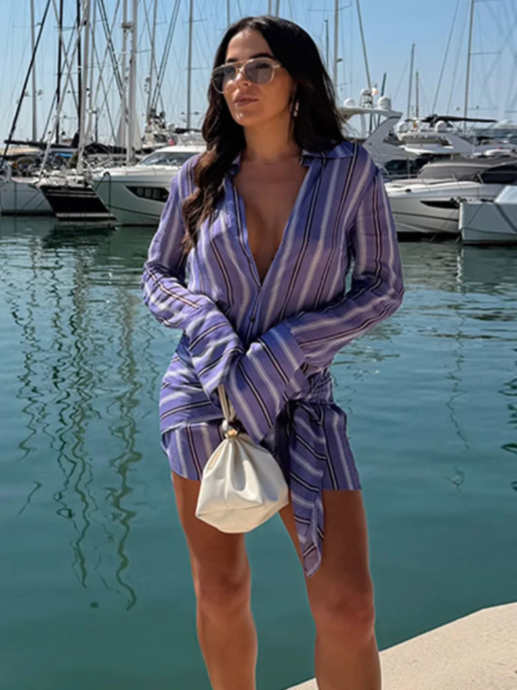 Stripe Wrap Tie Shirt Mini Dress Lapel Collar Long Flare Sleeve Loose Casual Dresses 2026 Summer Beach Vacation Fashion Outfit 260807 - view 3