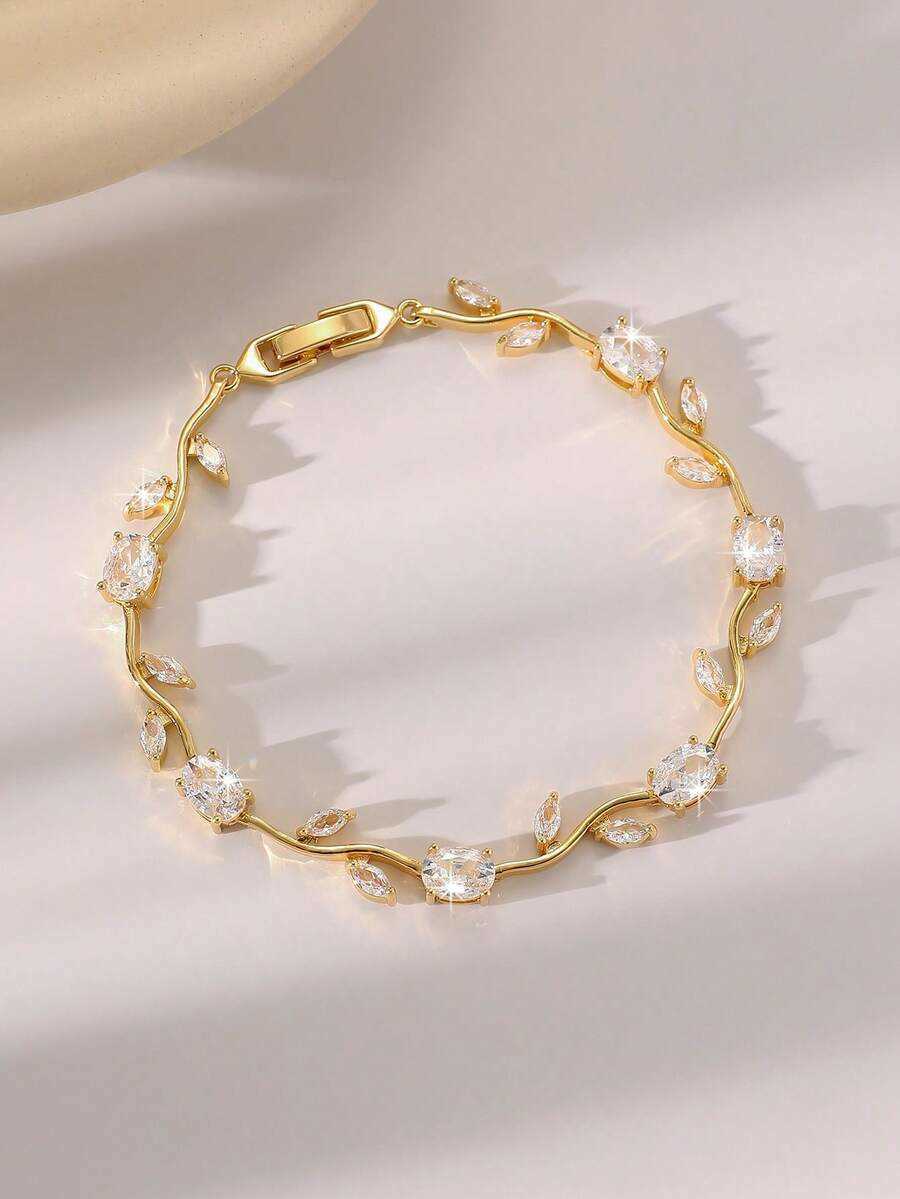 1pc Elegant Copper Fashion Floral Chain Bracelet And Earrings Jewelry Set Luxury Birthstone Cubic Zirconia Decorated Suitable For Womens Daily Hol H26 - view 4