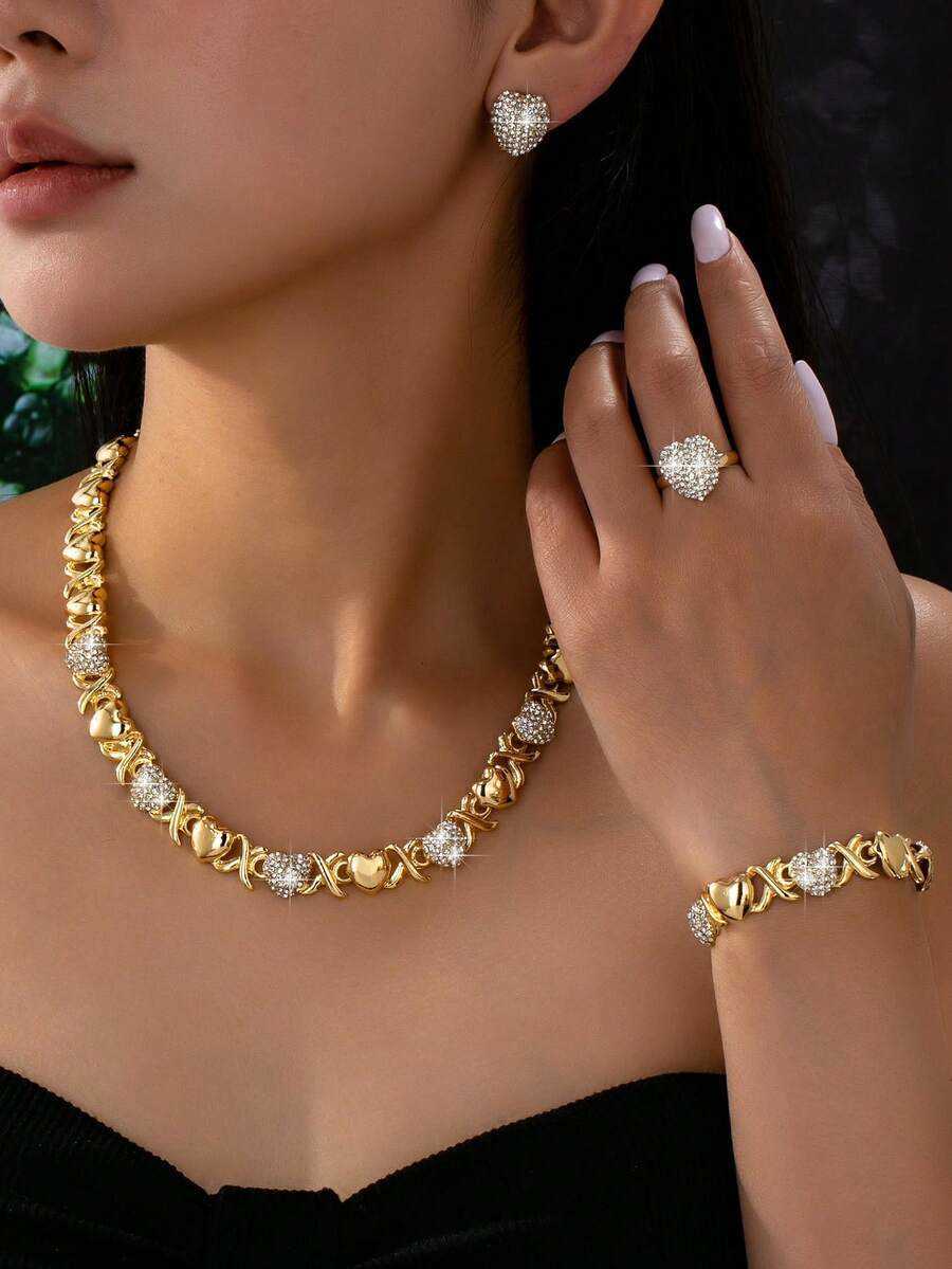 4pcs Womens Fashion HeartShaped Rhinestone GoldPlated Pendant Necklace Earrings Bracelet Ring Jewelry Set Suitable For Middle East Dubai Africa Europ 