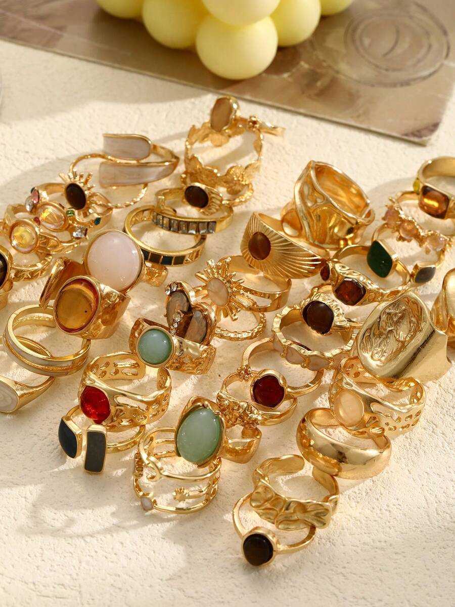 Random Style 29146pcs Simple Fashion Wide Band Old Money Style Faux Pearl Butterfly Heart Flower MultiElement Stacked Ring Set For Women Couples Vacat - view 4