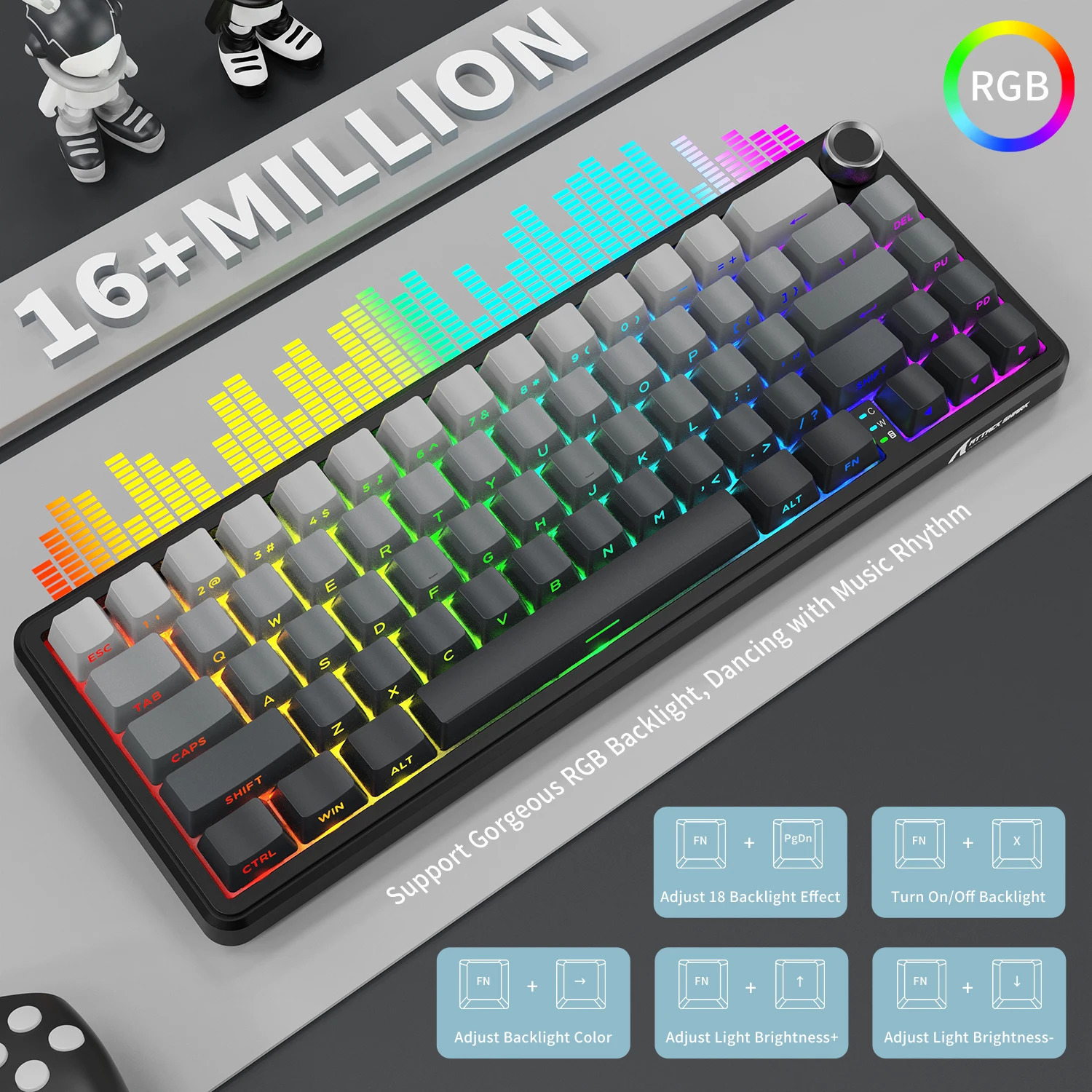 ATTACK SHARK X66 65 Wireless Mechanical Keyboard with Knob 66 Keys Tri Mode Gasket Swap RGB Gaming 60 Percent PBT 260807 - view 5