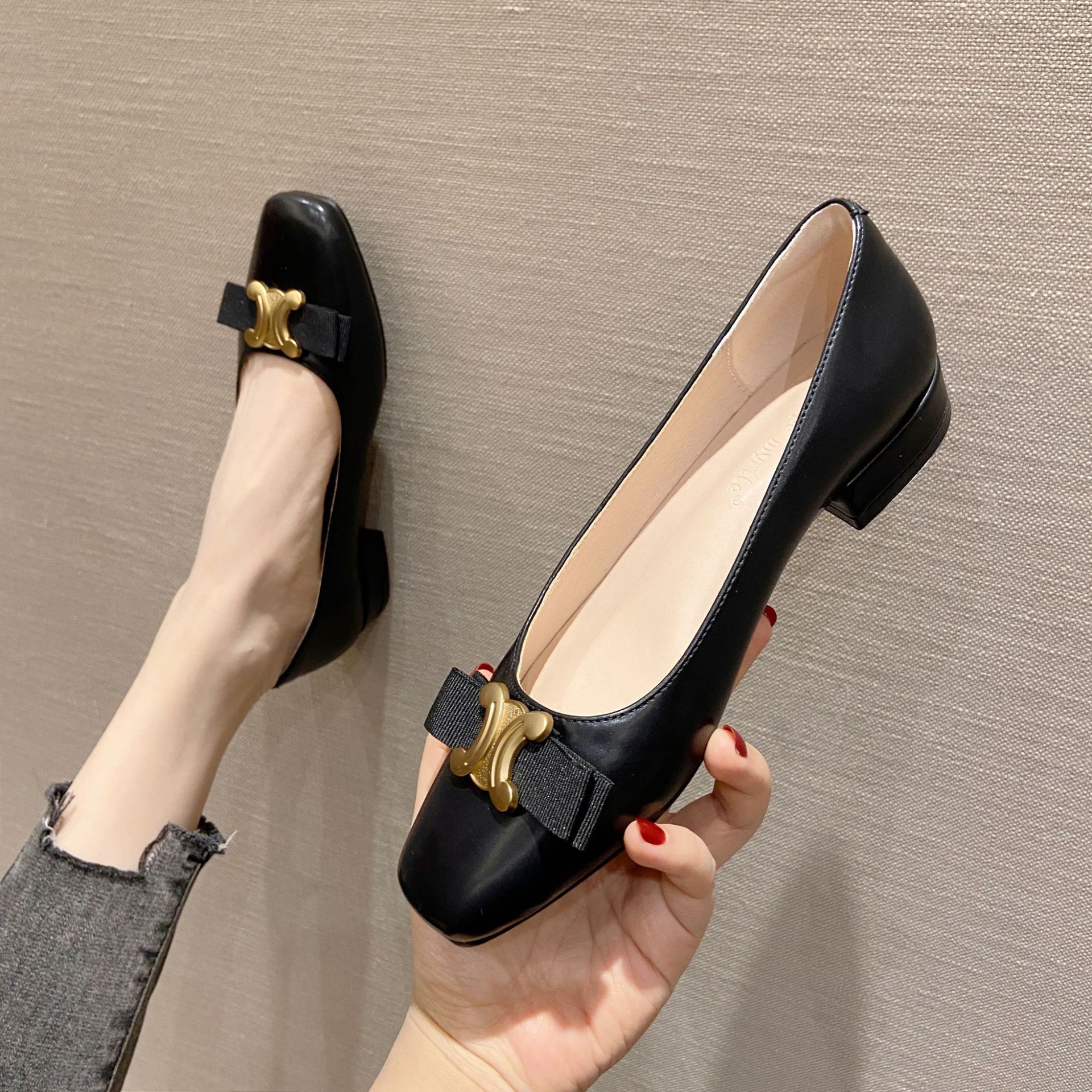 Luxury Shoes 2026 Women's Square Toe Flat Low Heel Dress Shoes, Metal Buckle Bow Decor Versatile Casual Pumps, Elegant Chic Comfort Flats Free Sh - view 3