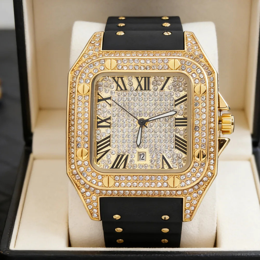 Fashion Square Full Diamond Quartz Watch Men Rubber Strap Hip Hop Iced Out Bling Jewelry Wristwatch Man Clock Drop 260808 - view 5