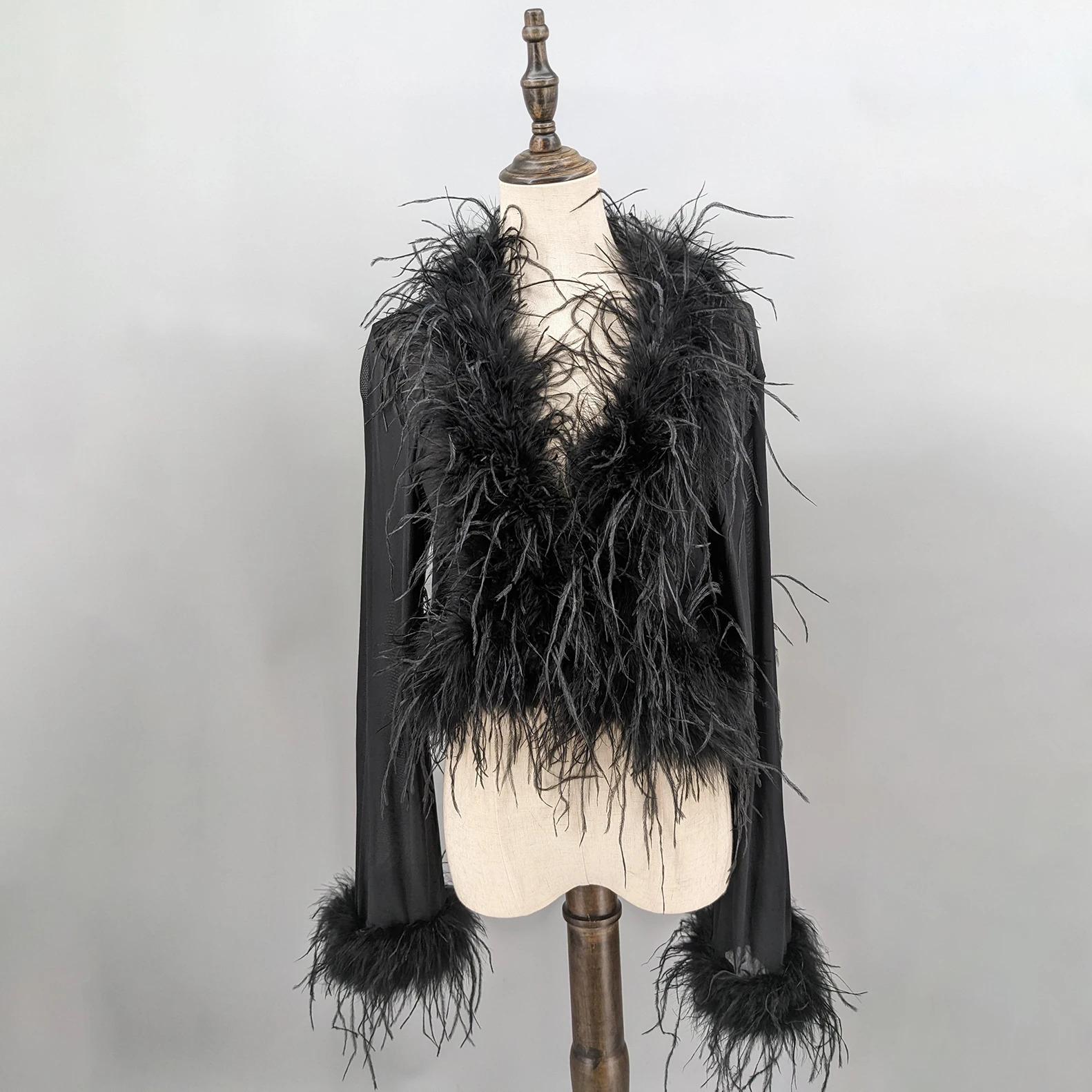 See-through Clothing with Ostrich Feather Collar and Cuffs Sex Top Club Cropped Jacket Top Bolero 240711 260807 - view 4