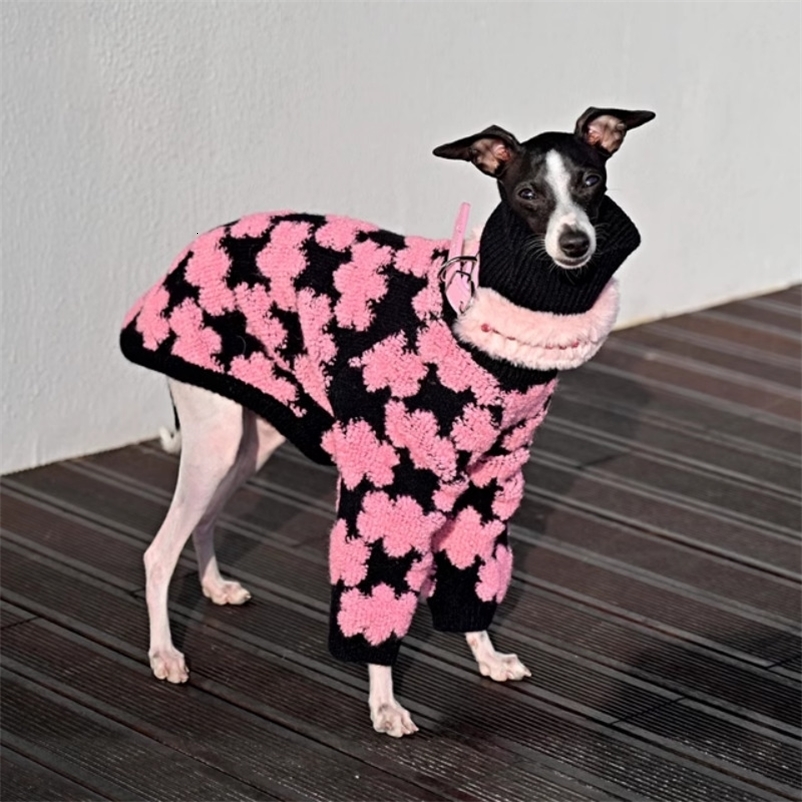 Clothing for Italy Greyhound in Winter Rose Pink High-Neck Floral Sweater for Female Dogs Long Sleeves Warm Coat for Wellington 260731