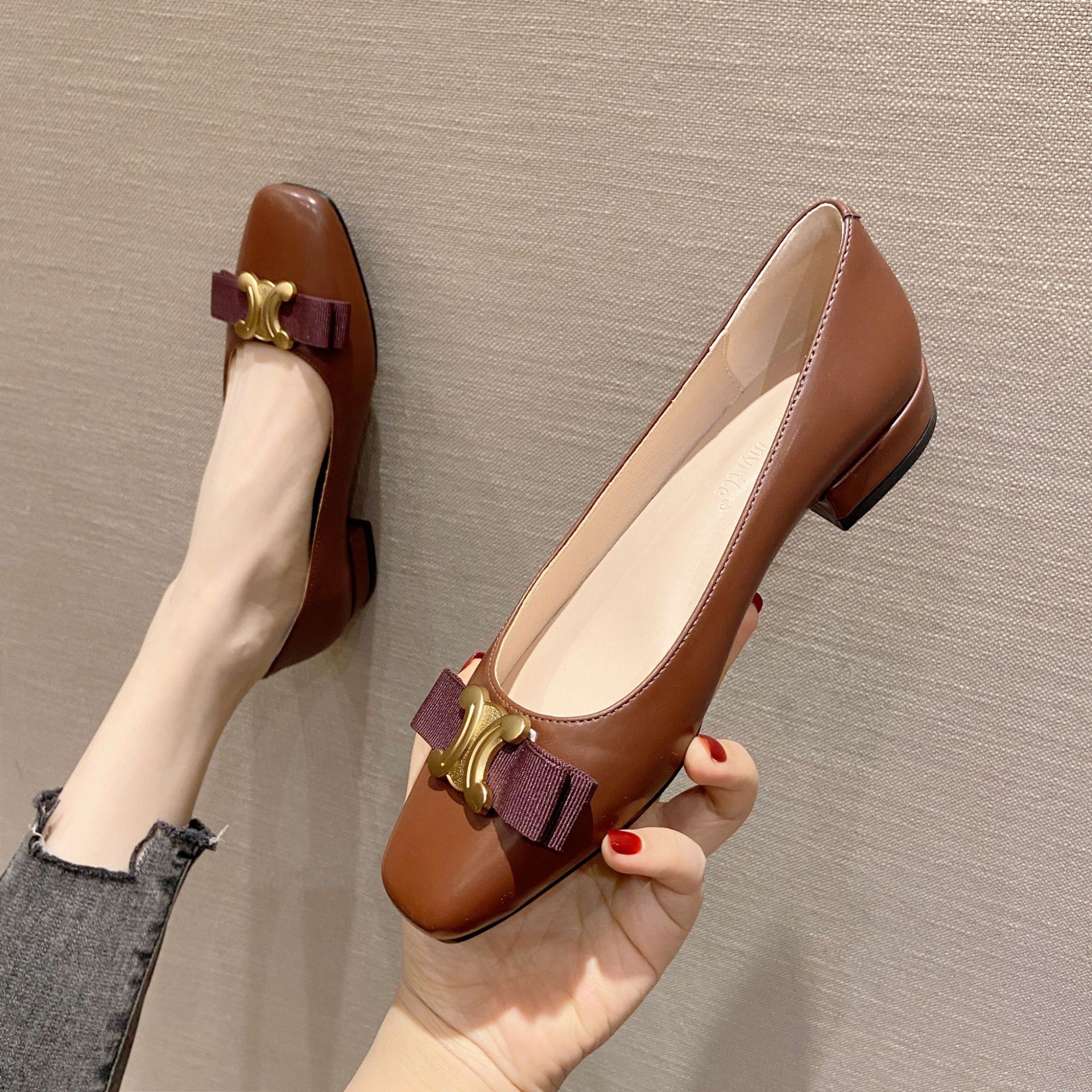 Luxury Shoes 2026 Women's Square Toe Flat Low Heel Dress Shoes, Metal Buckle Bow Decor Versatile Casual Pumps, Elegant Chic Comfort Flats Free Sh - view 4