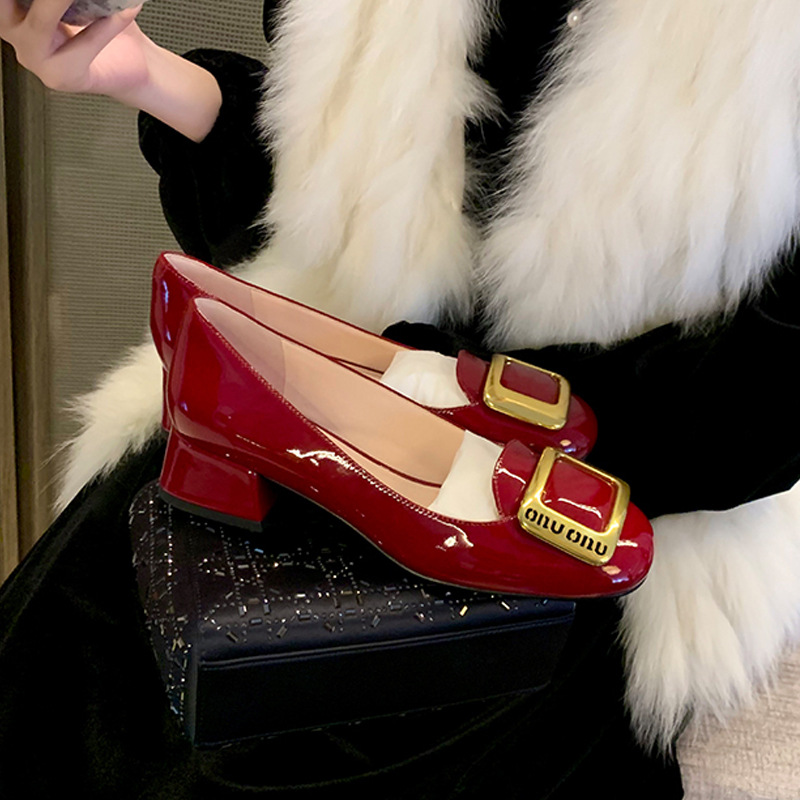 Luxury Designer Dress Shoes 2026 Spring New Women's High Heel Pumps, French Style Round Toe Square Buckle Chunky Heel Dress Shoes Free Shipping - view 4