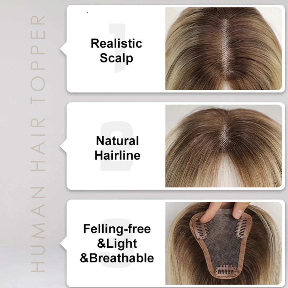 Light Brown Blonde Ombre 12 Inch Human Hair Toppers Lace Base Clip In Hairpiece for Women 100% Remy Human Hair Extensions 260808 - view 7
