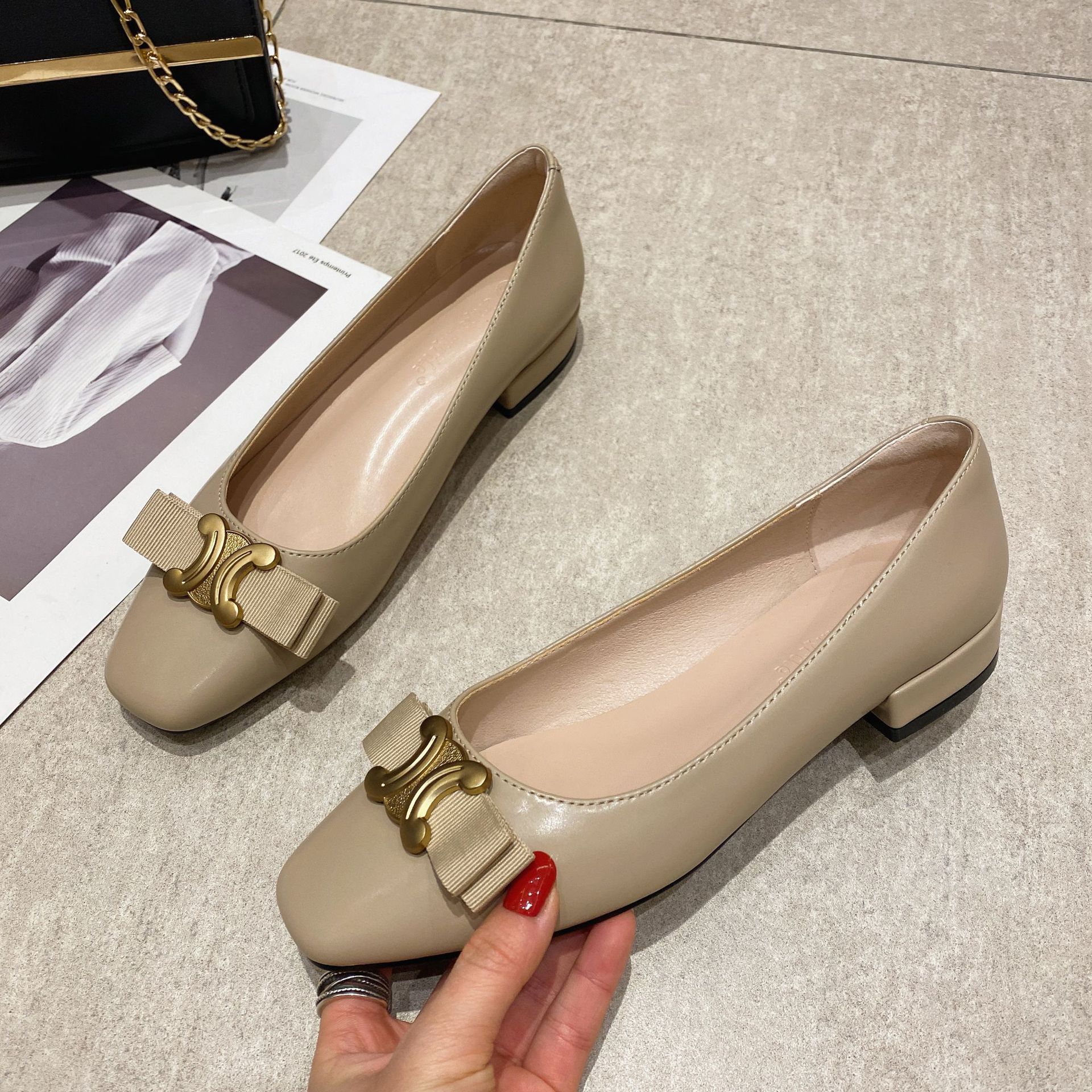 Luxury Shoes 2026 Women's Square Toe Flat Low Heel Dress Shoes, Metal Buckle Bow Decor Versatile Casual Pumps, Elegant Chic Comfort Flats Free Sh