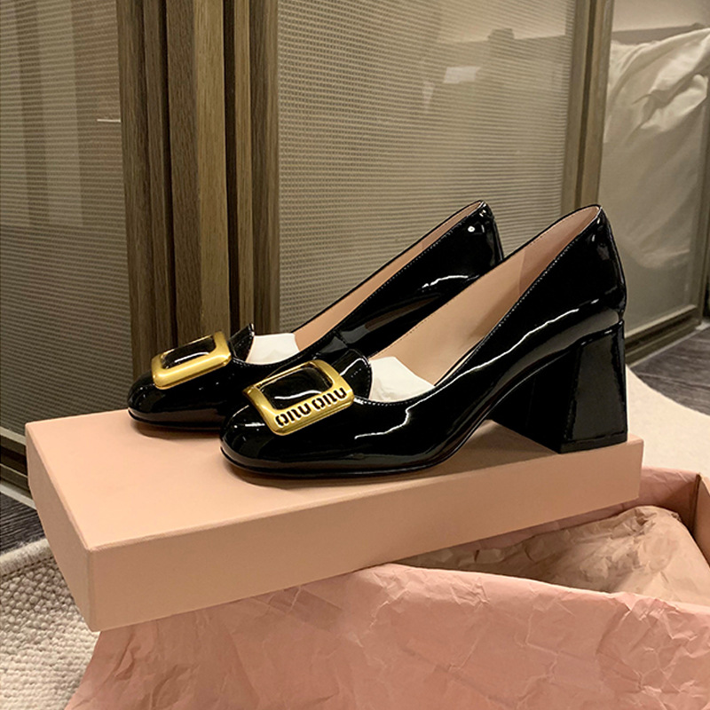 Luxury Designer Dress Shoes 2026 Spring New Women's High Heel Pumps, French Style Round Toe Square Buckle Chunky Heel Dress Shoes Free Shipping - view 8