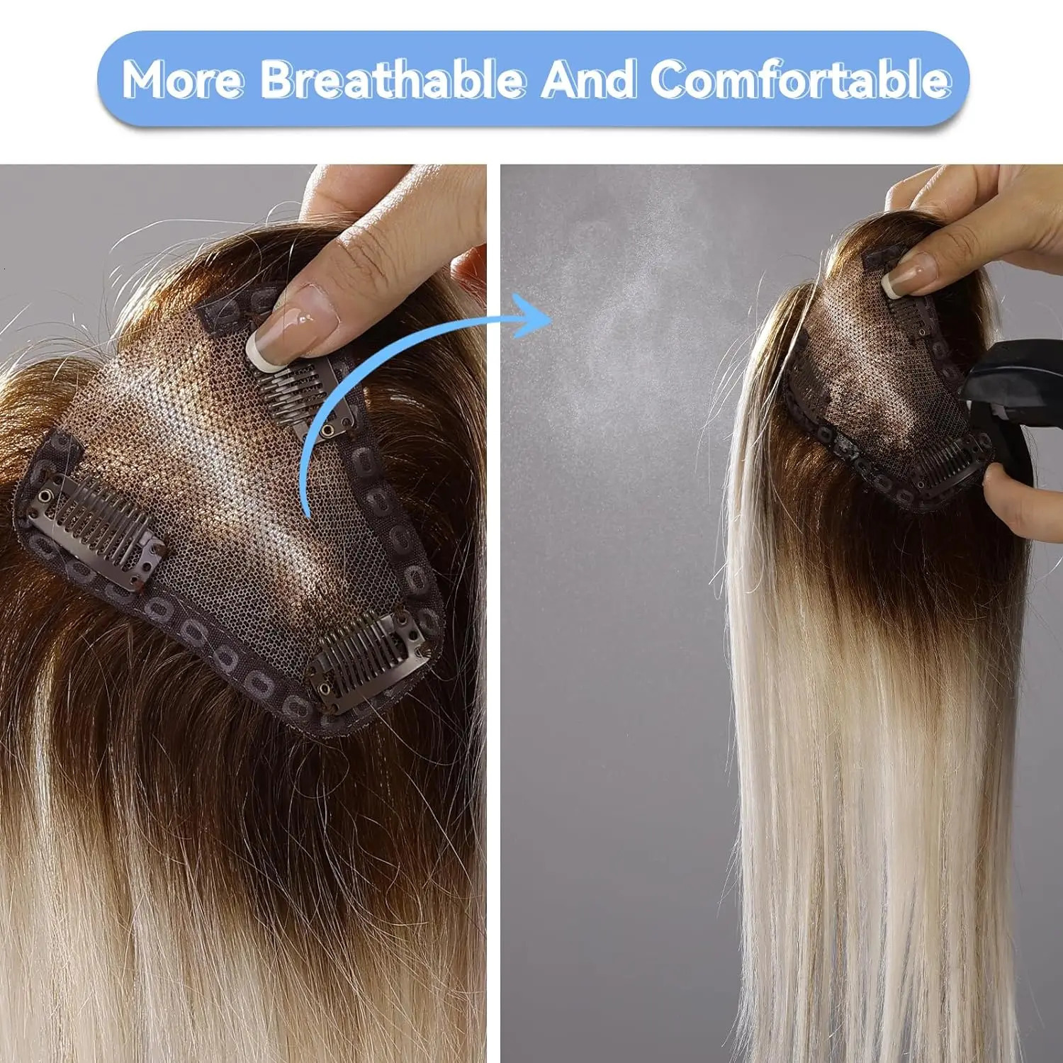 Light Brown Blonde Ombre 12 Inch Human Hair Toppers Lace Base Clip In Hairpiece for Women 100% Remy Human Hair Extensions 260808 - view 4