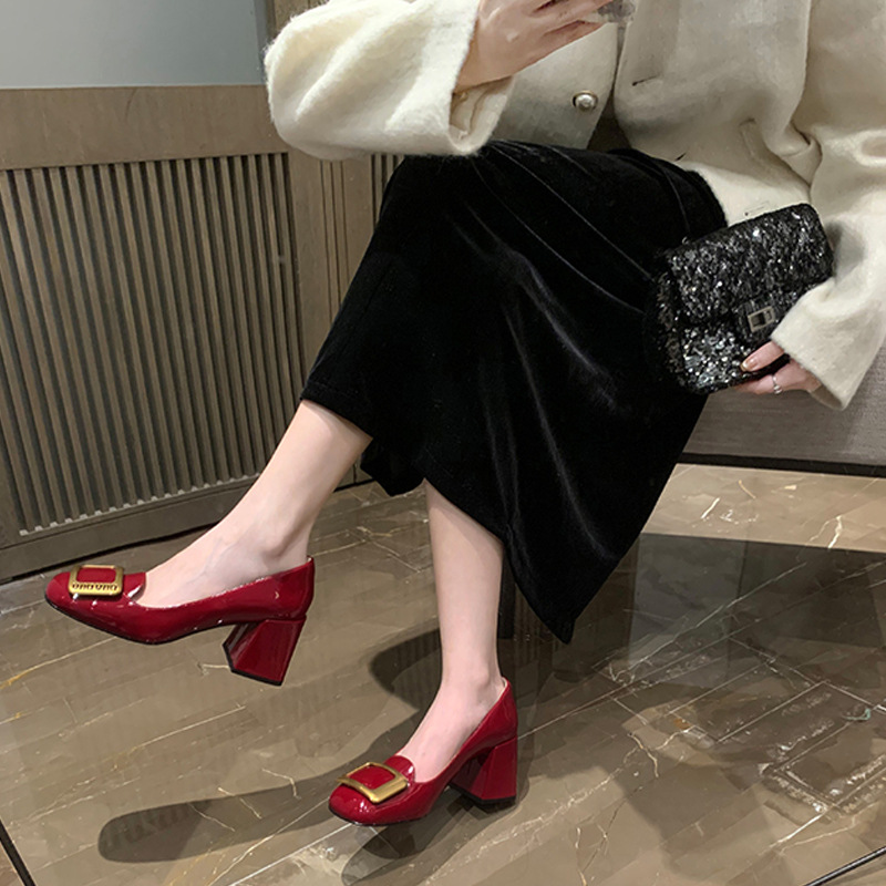 Luxury Designer Dress Shoes 2026 Spring New Women's High Heel Pumps, French Style Round Toe Square Buckle Chunky Heel Dress Shoes Free Shipping - view 7