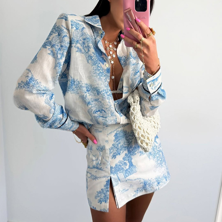 Women's Two Piece Pants Elegant Outfit Lapel Long Sleeve Shirt Vest Split Mini Skirt Set European American Spring Autumn Casual Ladies Matching S - view 4