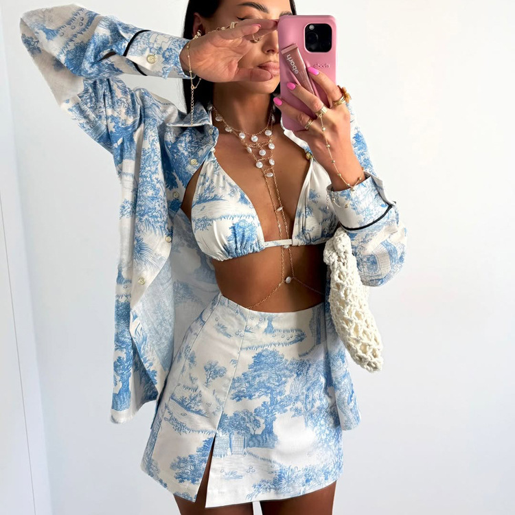 Women's Two Piece Pants Elegant Outfit Lapel Long Sleeve Shirt Vest Split Mini Skirt Set European American Spring Autumn Casual Ladies Matching S - view 5