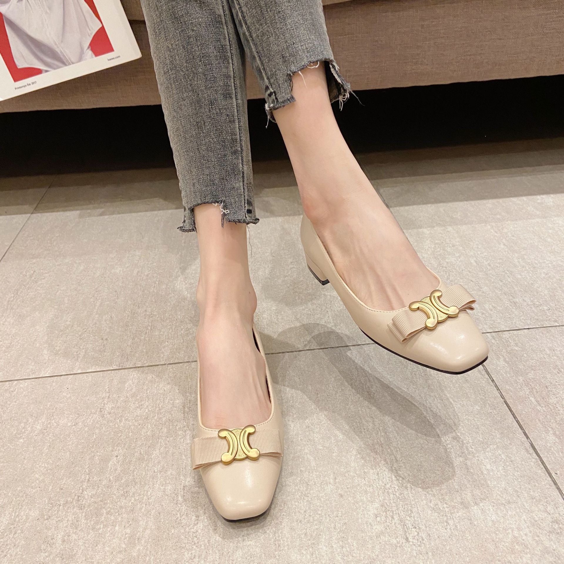 Luxury Shoes 2026 Women's Square Toe Flat Low Heel Dress Shoes, Metal Buckle Bow Decor Versatile Casual Pumps, Elegant Chic Comfort Flats Free Sh - view 9