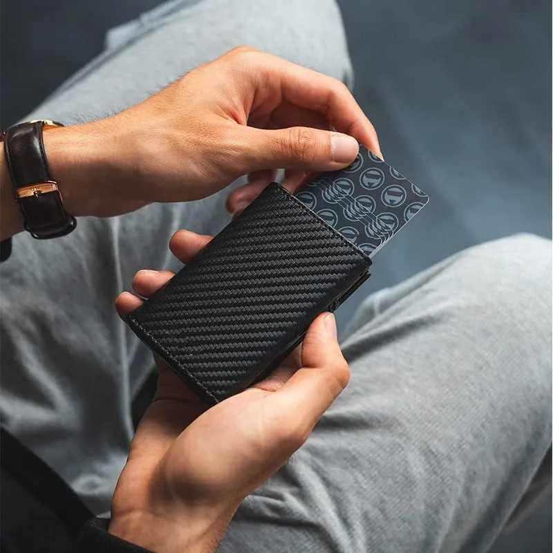 Fiber Aluminum Men's Bifold Carbon Wallet RFID Blocking Automatic Pop-Up Card Holder with Coin Compartments Slim Money Purse H2608101 - view 5