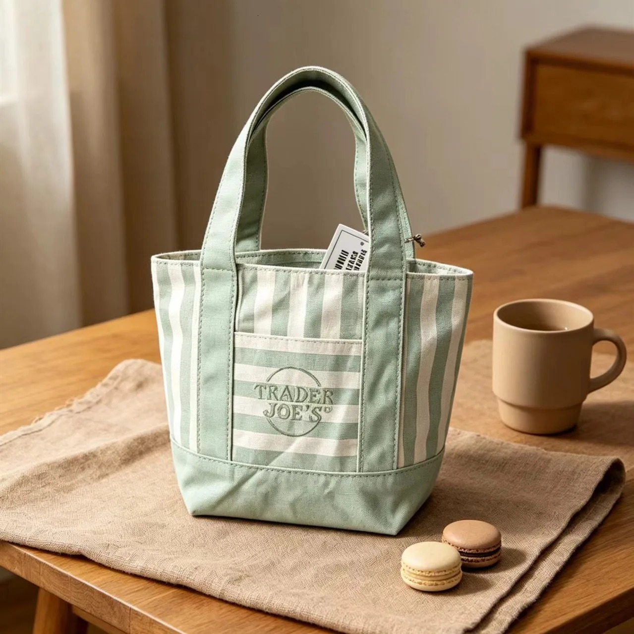 Pastel Striped Trader Joes Mini Canvas Tote Bag Summer MACaron Color Reusable Small Grocery Storage Handbag 260810 - view 3