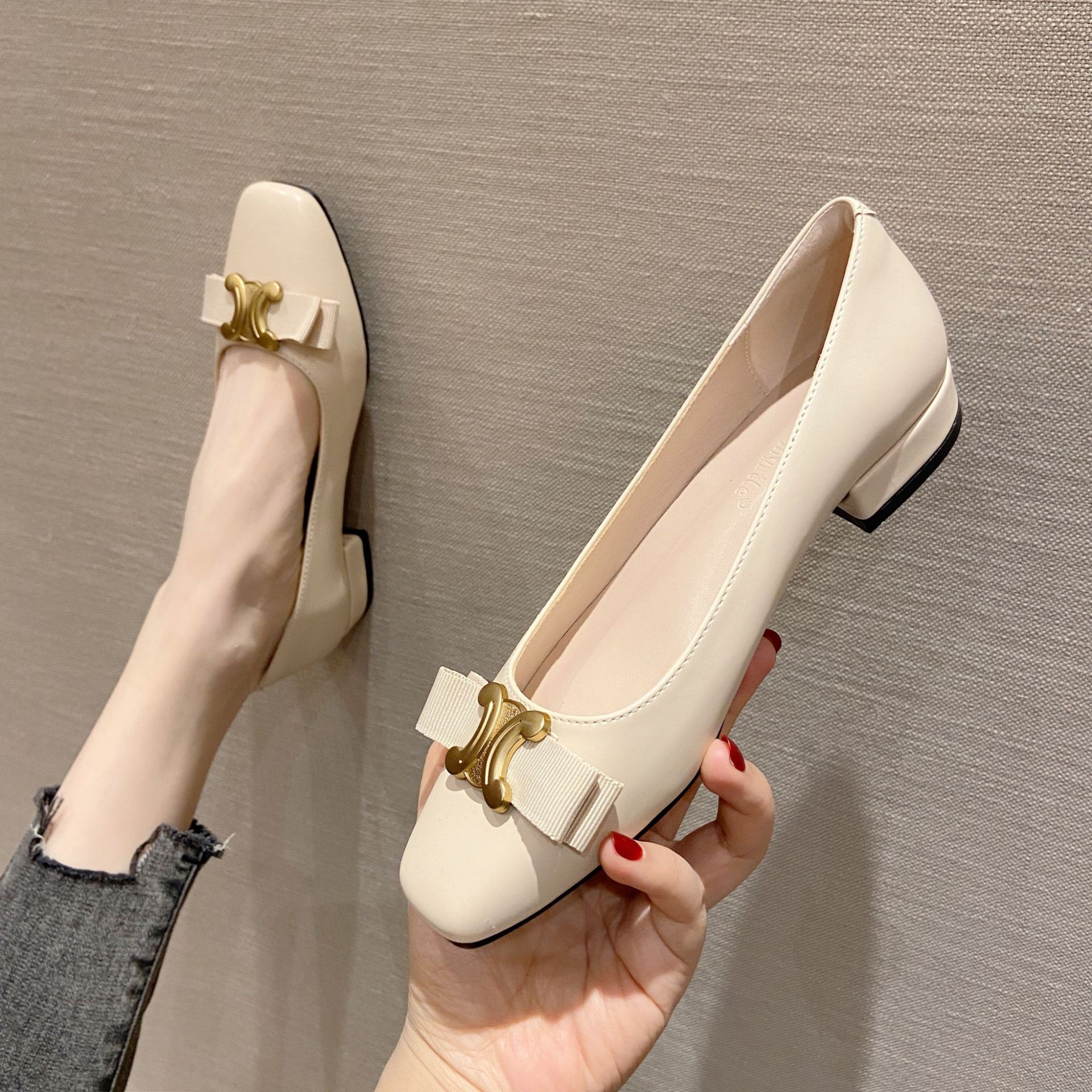 Luxury Shoes 2026 Women's Square Toe Flat Low Heel Dress Shoes, Metal Buckle Bow Decor Versatile Casual Pumps, Elegant Chic Comfort Flats Free Sh - view 7