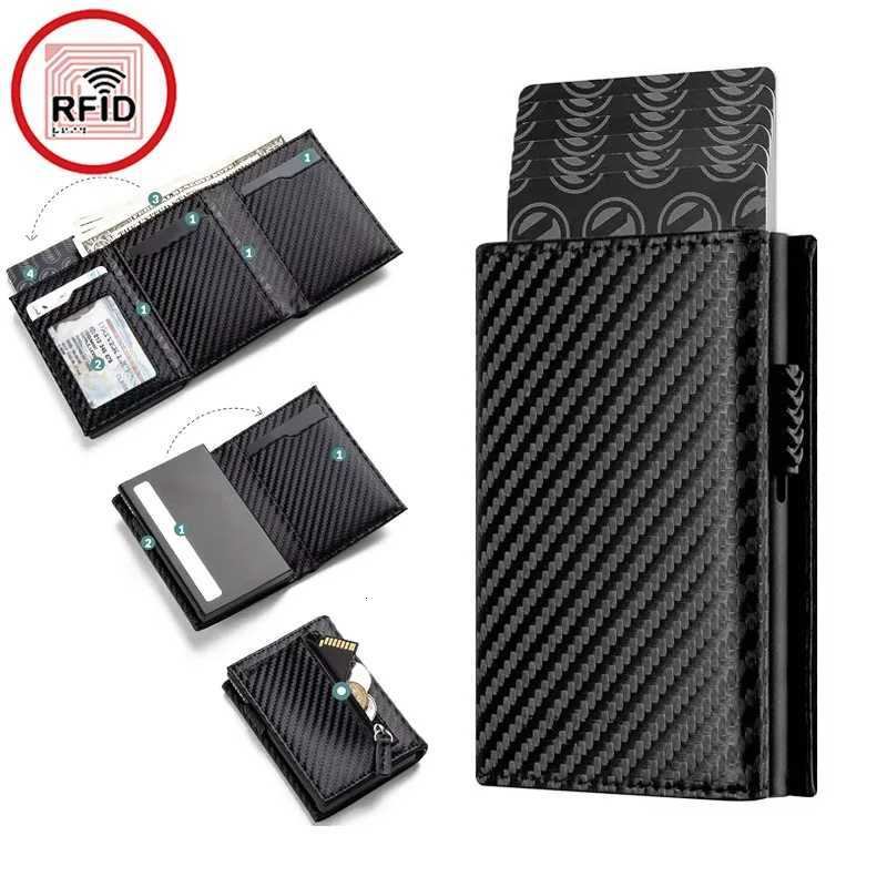 Fiber Aluminum Men's Bifold Carbon Wallet RFID Blocking Automatic Pop-Up Card Holder with Coin Compartments Slim Money Purse H2608101