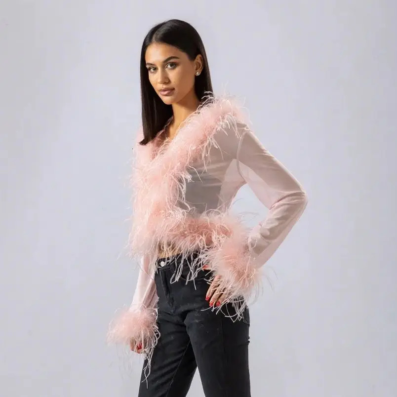 See-through Clothing with Ostrich Feather Collar and Cuffs Sex Top Club Cropped Jacket Top Bolero 240711 260807 - view 5