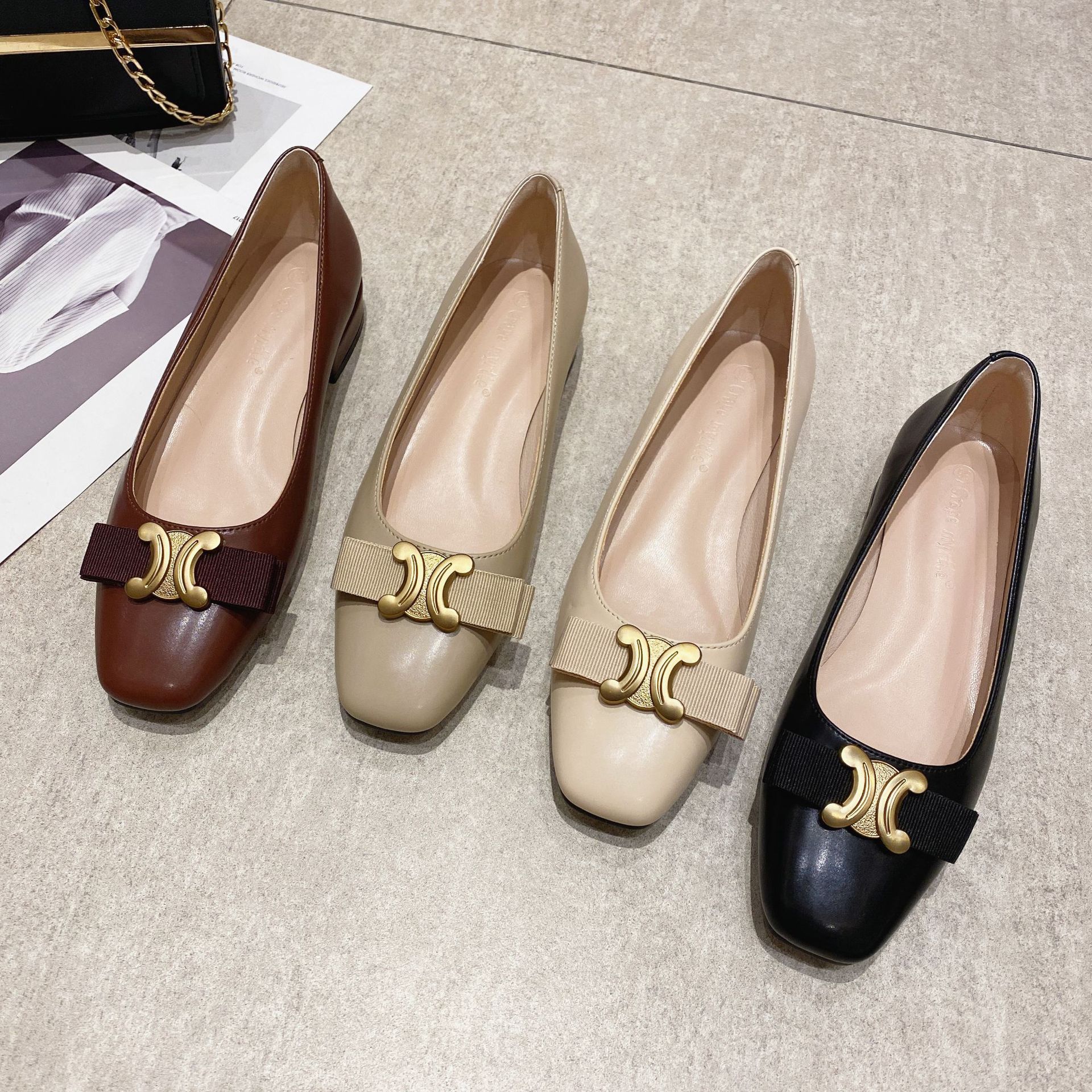 Luxury Shoes 2026 Women's Square Toe Flat Low Heel Dress Shoes, Metal Buckle Bow Decor Versatile Casual Pumps, Elegant Chic Comfort Flats Free Sh - view 5