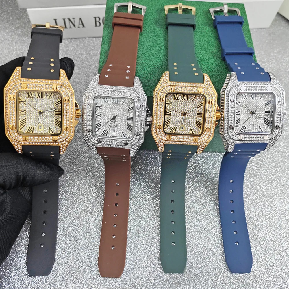 Fashion Square Full Diamond Quartz Watch Men Rubber Strap Hip Hop Iced Out Bling Jewelry Wristwatch Man Clock Drop 260808 - view 7