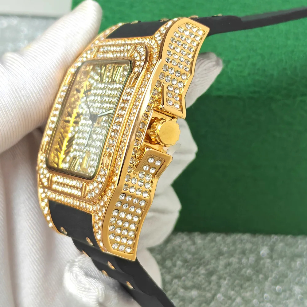 Fashion Square Full Diamond Quartz Watch Men Rubber Strap Hip Hop Iced Out Bling Jewelry Wristwatch Man Clock Drop 260808 - view 3