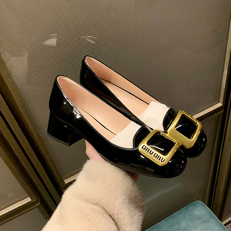 Luxury Designer Dress Shoes 2026 Spring New Women's High Heel Pumps, French Style Round Toe Square Buckle Chunky Heel Dress Shoes Free Shipping - view 5