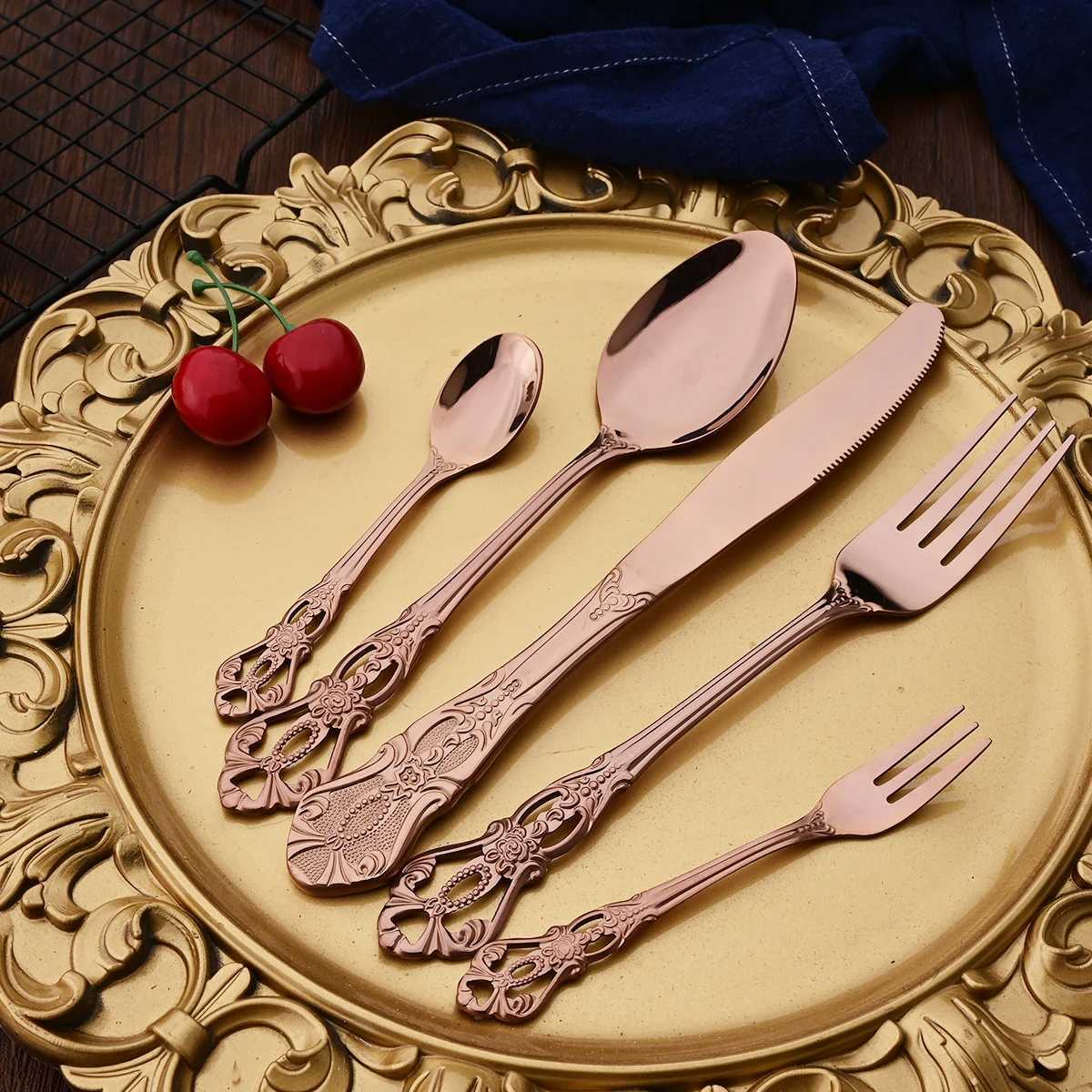 Dinnerware 20Pcs Royal Rose Gold Set Knife Cake Fork Spoon Cutlery Set Stainless Steel Silverware Kitchen Tableware Flatware N260810 - view 7
