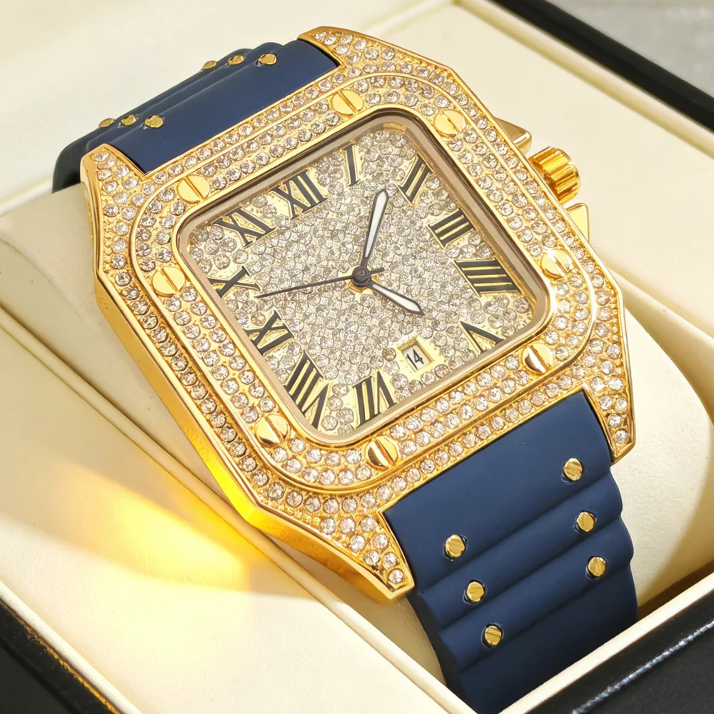 Fashion Square Full Diamond Quartz Watch Men Rubber Strap Hip Hop Iced Out Bling Jewelry Wristwatch Man Clock Drop 260808