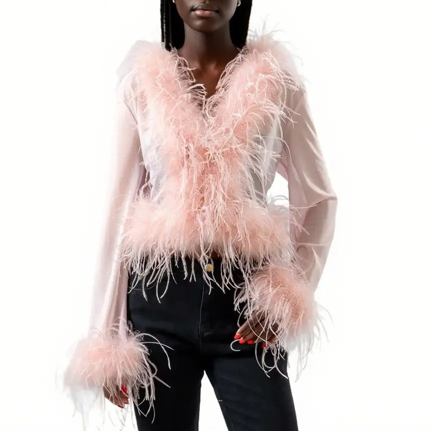 See-through Clothing with Ostrich Feather Collar and Cuffs Sex Top Club Cropped Jacket Top Bolero 240711 260807