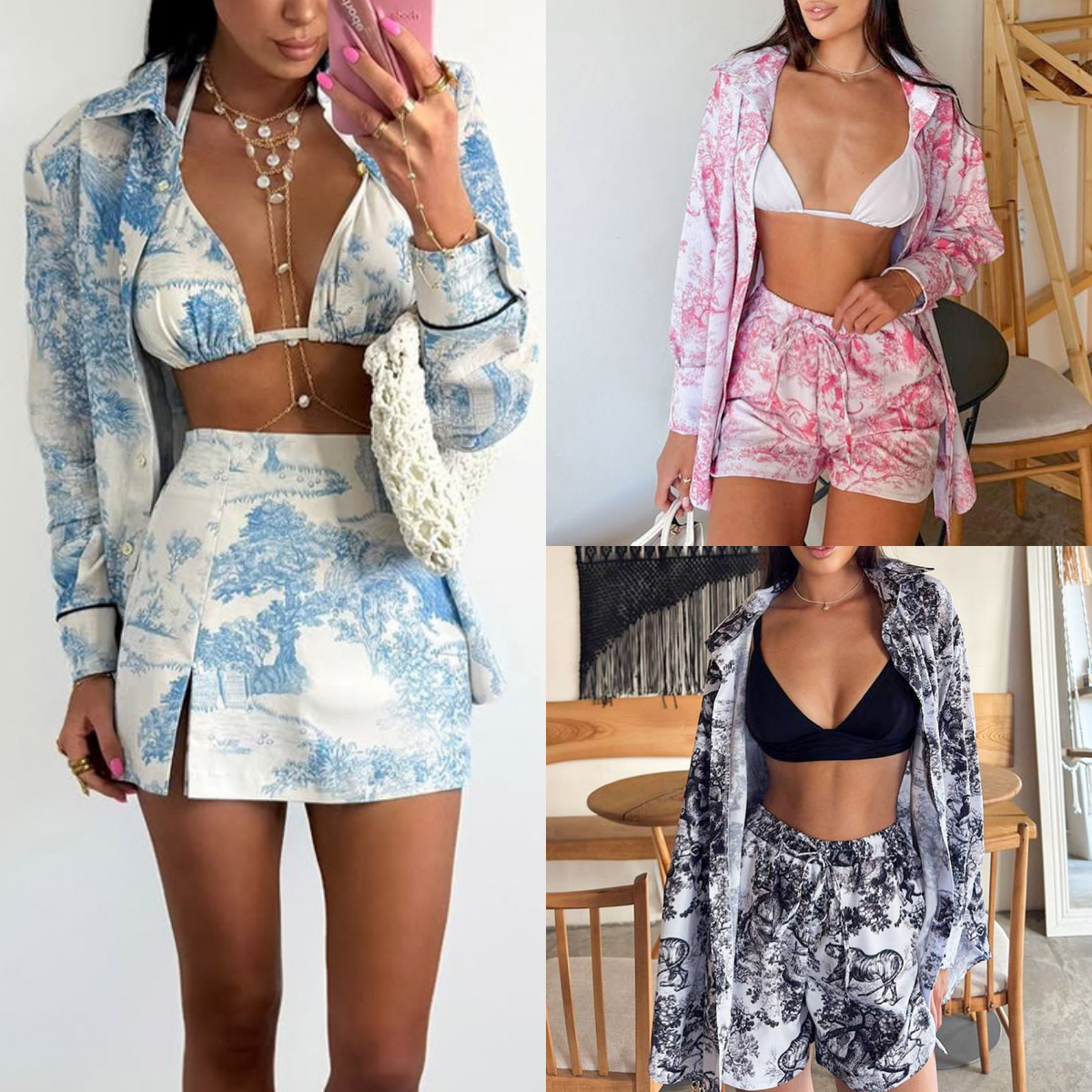 Women's Two Piece Pants Elegant Outfit Lapel Long Sleeve Shirt Vest Split Mini Skirt Set European American Spring Autumn Casual Ladies Matching S