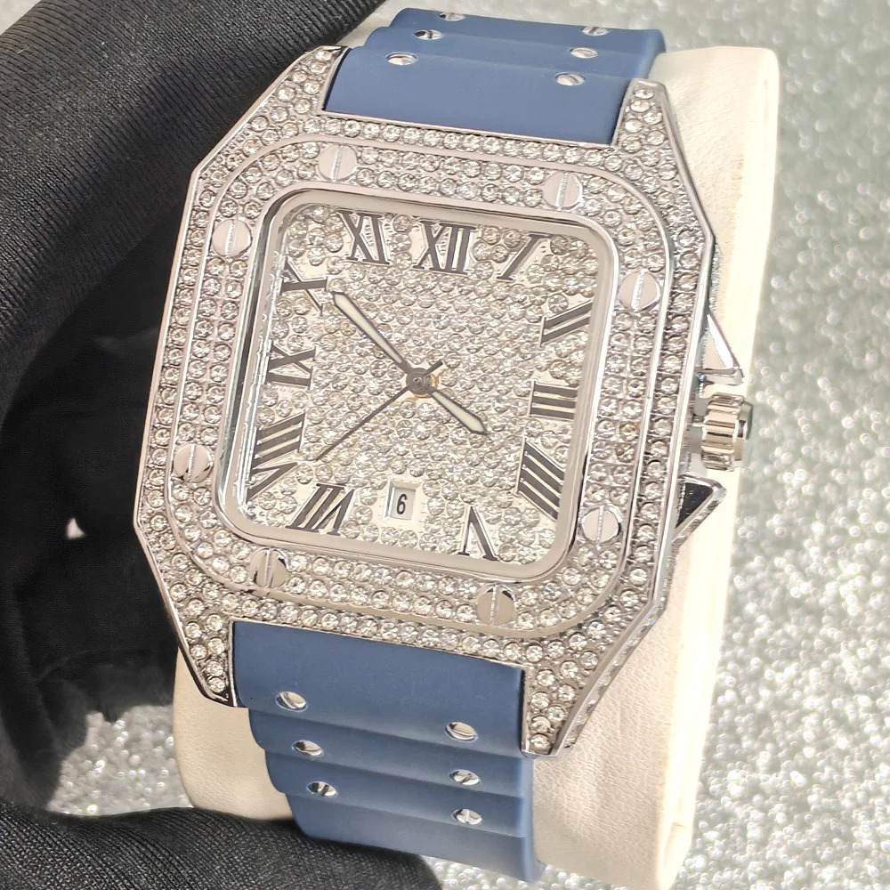 Fashion Square Full Diamond Quartz Watch Men Rubber Strap Hip Hop Iced Out Bling Jewelry Wristwatch Man Clock Drop 260808 - view 6