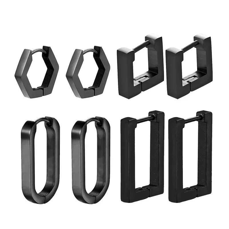 Stainss Punk Black Mtip Stys Steel Hoop Earrings For Men Wen U Shaped Square Hexagon Earrings Gothic Ear Jewelry N260810 - view 6